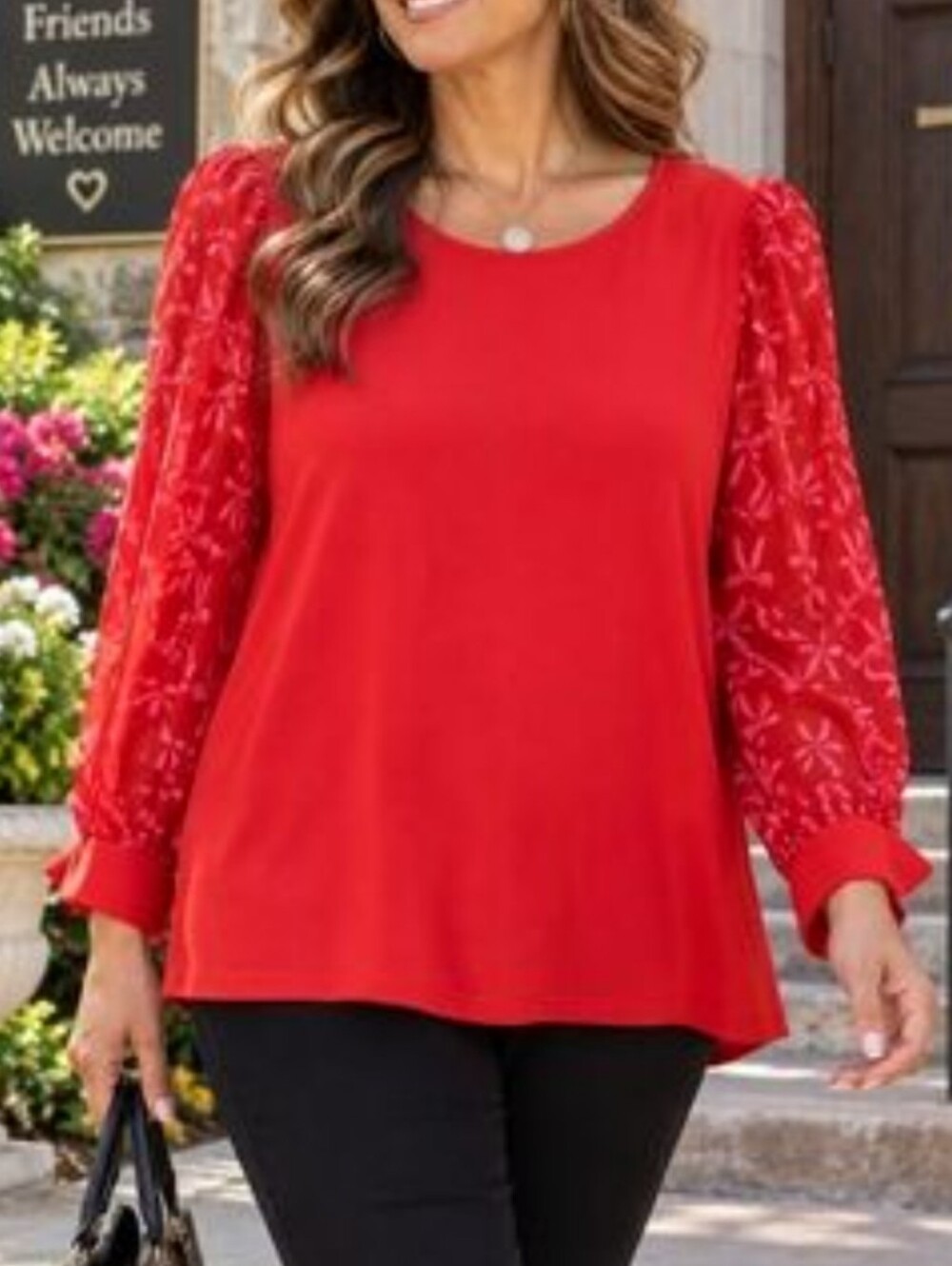 CeCe Red Scoop Neck Top with Sheer Embroidered Balloon Sleeves